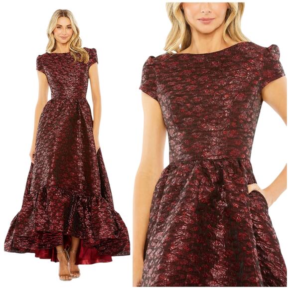 Mac Duggal NWT High Neck Brocade Bubble Hem Dress Ruby Red Gown Size 16 Metallic
